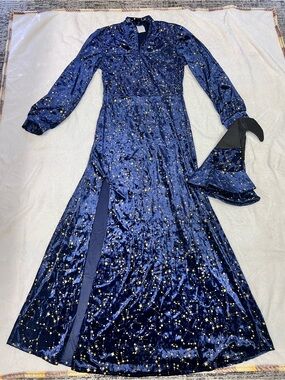 Women’s costume witch Star-Embellished Navy Velvet Maxi Dress with Long Sleeves